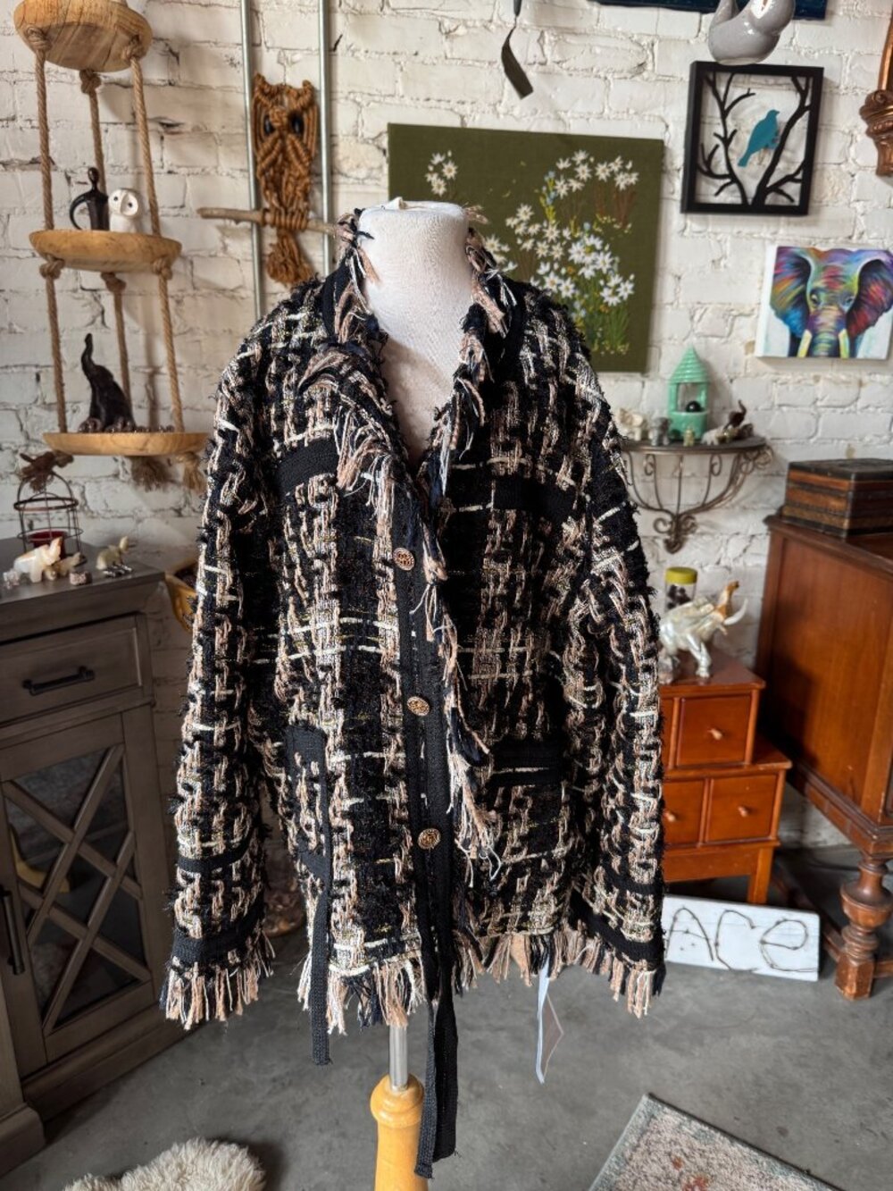 Eva Freedom gold-buttoned tweed fringe jacket. Size Xl